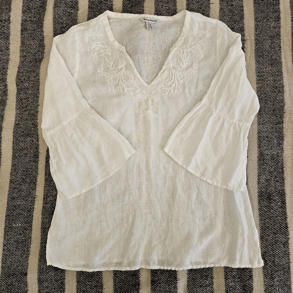 Tommy Bahama Coastalina Embroidered Linen Lagenlook Tunic Top Boho‎ Resort Wear